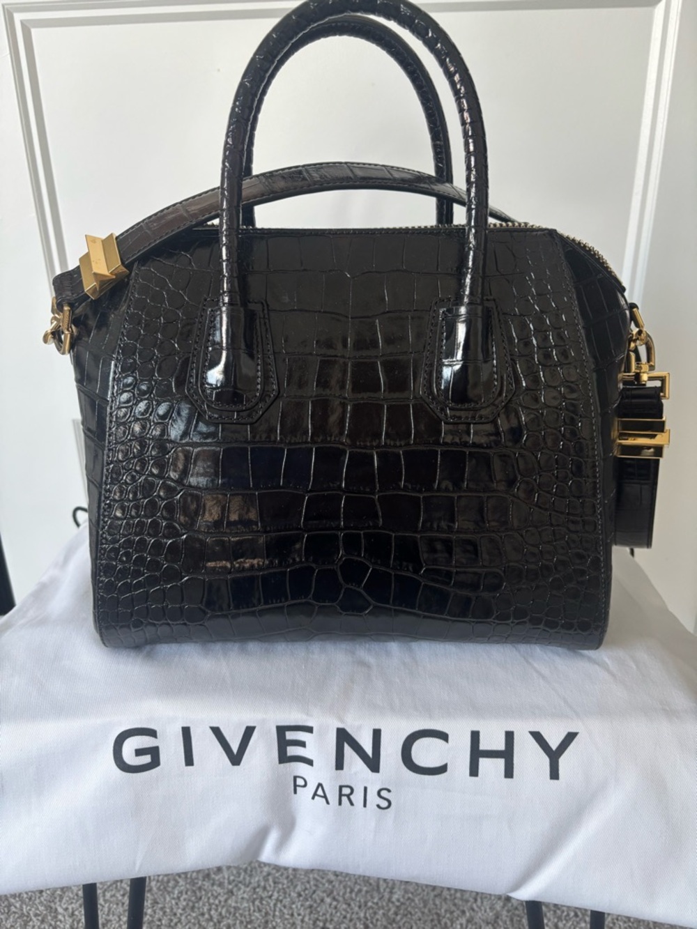 Givenchy Black Croc-Embossed Leather Satchel with Gold Hardware - Picture 2 of 5